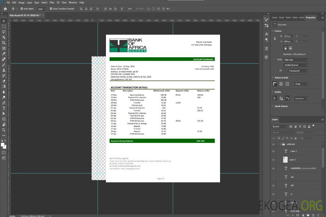 Modèle de relevé bancaire de preuve d'adresse de la Uganda Bank of Africa au format Word et PDF template Modèle de relevé bancaire de preuve d'adresse de la Uganda Bank of Africa au format Word et PDF template